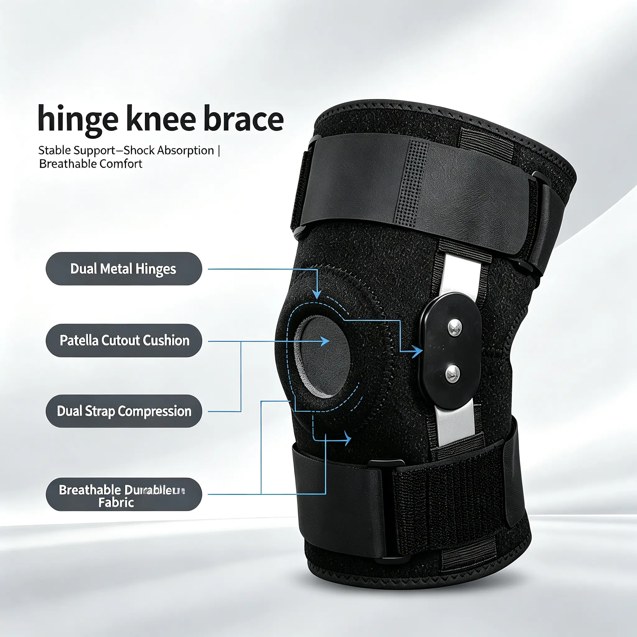 Universal Adjustable Hinged Knee Brace, Breathable Open Patella Knee Support with Metal Stabilizers, Suitable for Elderly, Athletes, Workers, Knee Pain Relief & Injury Recovery