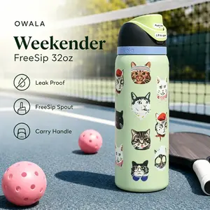 Owala Weekender 32oz Insulated Water Bottle Cute Cartoon Cat Faces Print FreeSip Spout Leakproof Stainless Steel Travel Cup With Carry Handle For Sports Pet Lovers