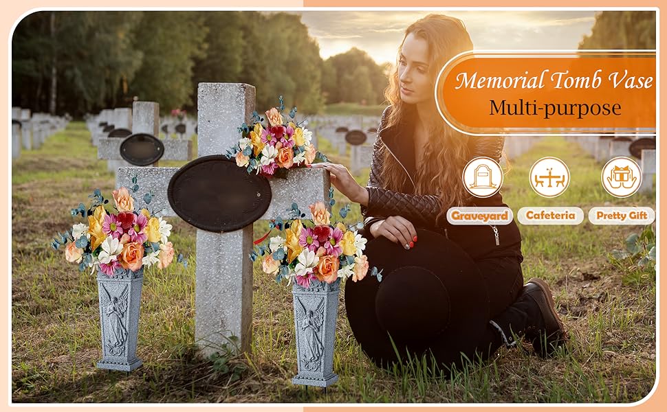 Cemetery Flowers Vase with Spike, Memorial Grave Vase Resin Flowers Holder for Headstone, Grave, Cemetery,, Lawn, Yard Decorations (1pc, Grey)