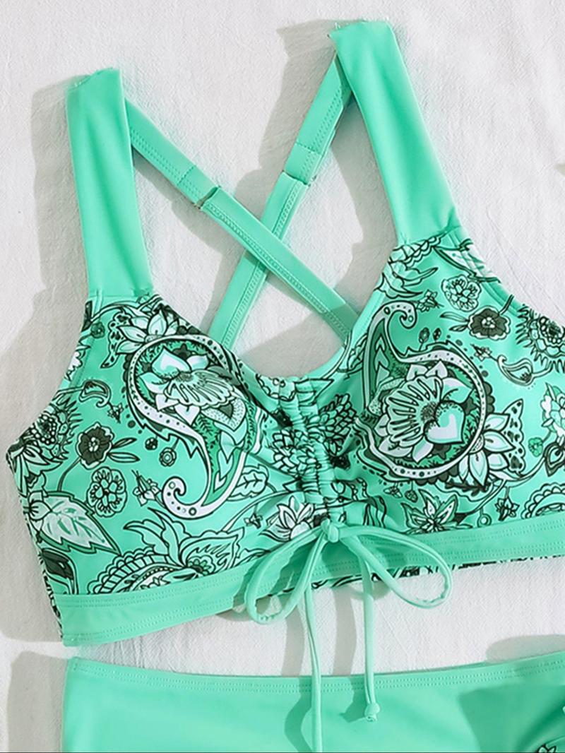 Women's Floral Print Swimsuit Set, Drawstring Swimsuits, Twist Front Bikini, Boho Tie Side Bikini Top & Bottom & Cover Up Skirt Set, Beach Vacation Swimwear Set for Women, Floral Print Bikinis