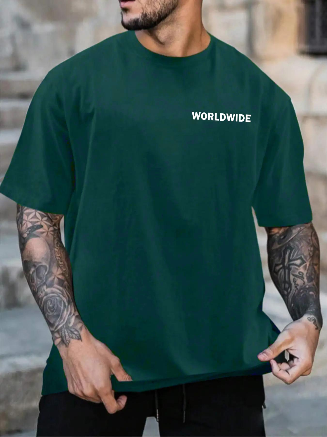 Unisex Men's Letter & Sculpture Print Drop Shoulder Tee, Loose Crew Neck Half Sleeve T-shirt for Men, Casual Comfy Knitting Top for Summer