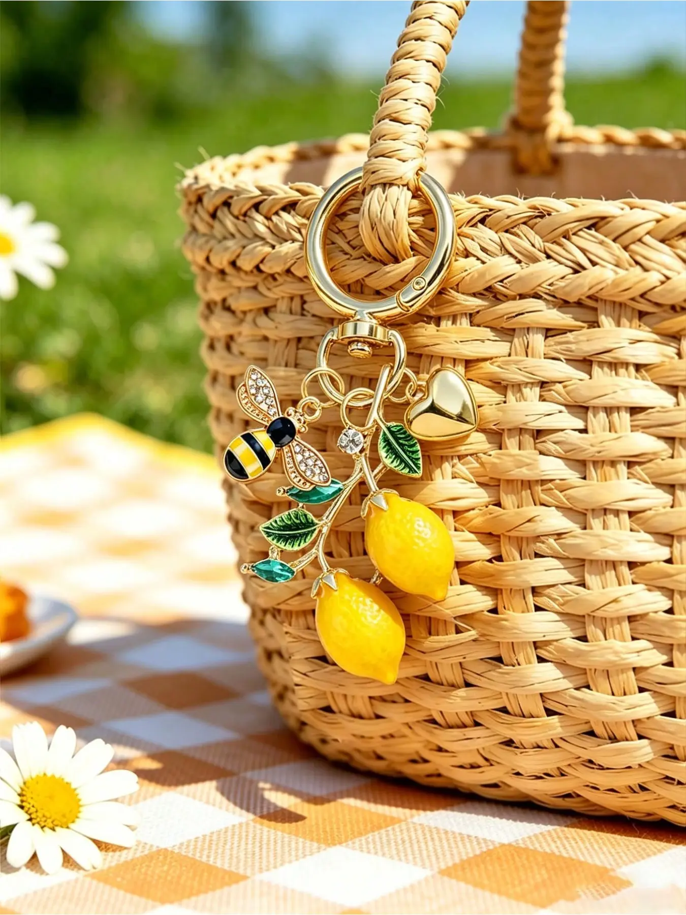 Handmade Enamel Lemon Pendant with Bee and Heart Elements, Bohemian Style, Resin Casting, Diamond Inlay, Italian Lemon Jewelry, Hawaiian Theme
