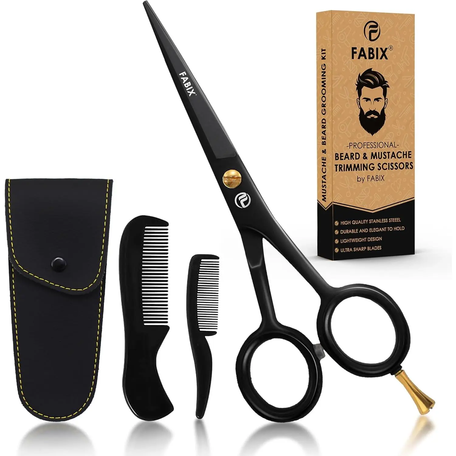 5" Professional Beard Mustache Scissors with 1 Beard Comb, 1 Mustache Comb and Travel Pouch - Perfect Beard Trimming Scissors for All Facial Hair Scissors - Grooming Scissors