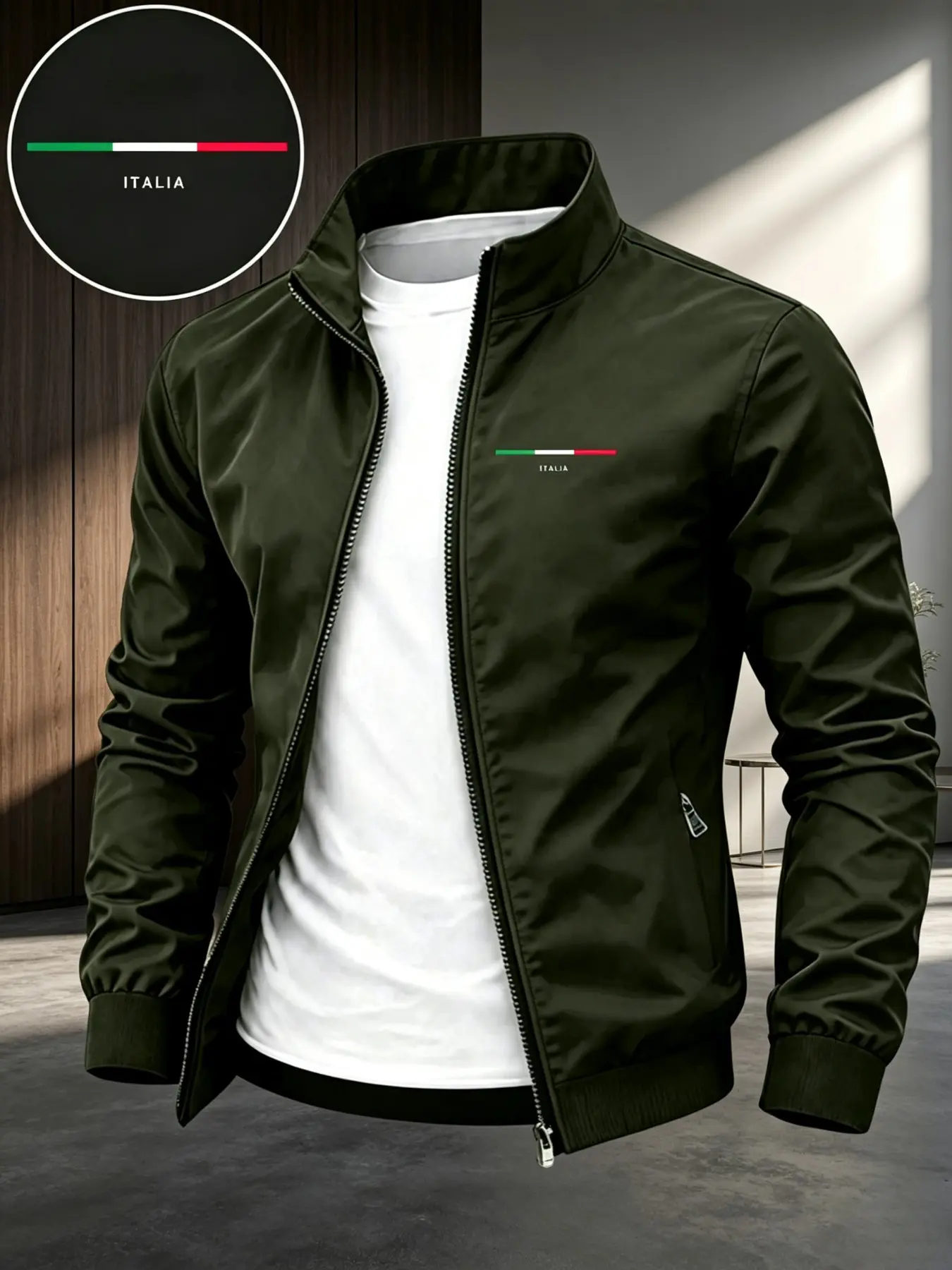 Men's Stand Collar Sport Jacket, Italian Striped Pattern Print Casual Zipper Outerwear, Trendy Loose Fit Fall & Winter Coat