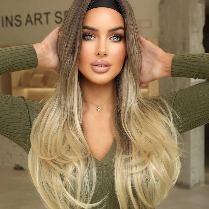 Long Straight Ombre Brown Headband Style Wig for Women 26 Inch Long Layered Headband Hairpiece with Fashionable Headwrap, Natural Looking Synthetic Heat Resistant Fiber Hair Band Wig for Daily Party Use Straight Headband Wigs