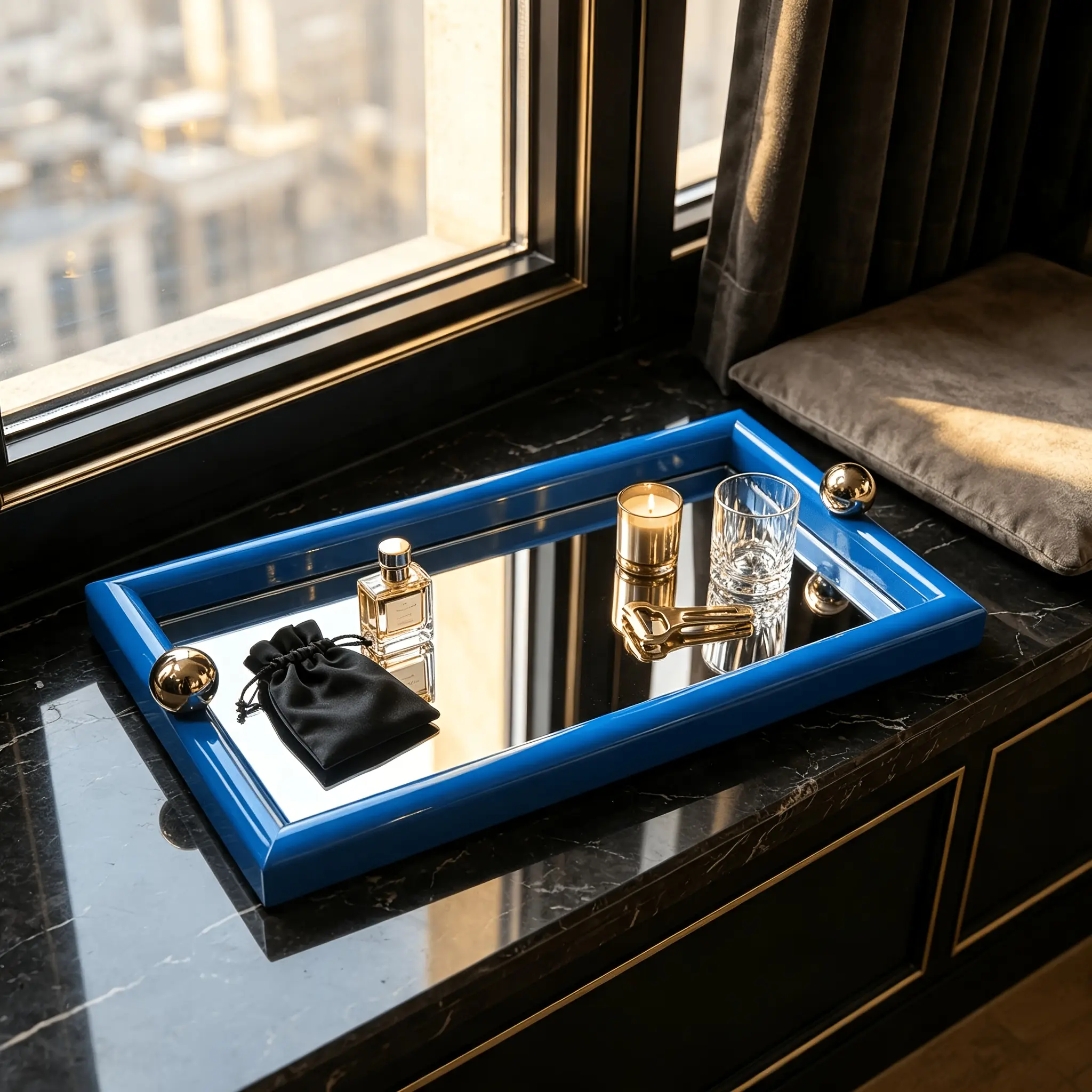 Small Blue Rectangular Decorative Tray, Mirror Surface Vanity Tray with Golden Metal Handles, Luxury Perfume Cosmetic Organizer Tray for Dresser Tabletop (Non-Food Contact)