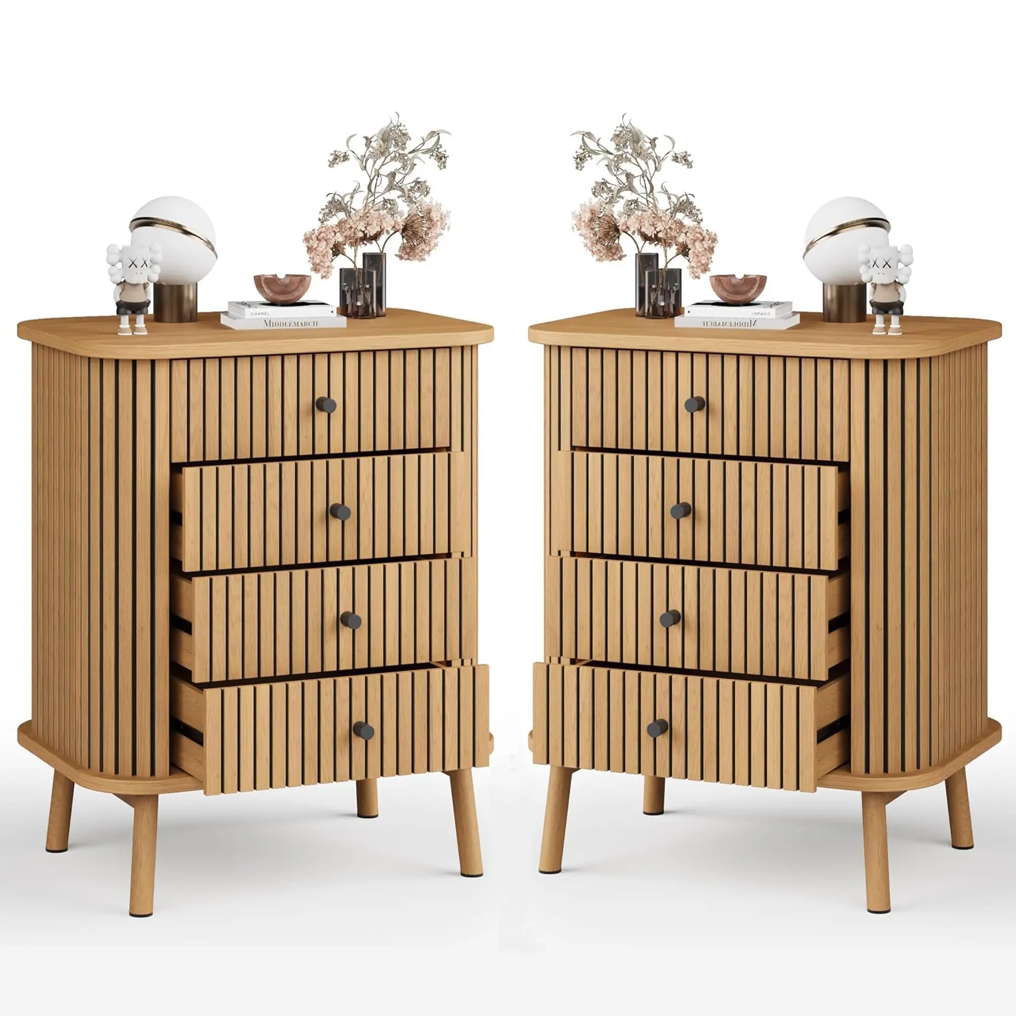 4 Drawer Dressers Set of 2, Chest of Drawers for Bedroom, Nightstand, Spacious Storage Boho Wicker Dresser with Matte Black Handles and Wood Legs for Living Room Hallway, Natural Oak(One piece, one box)