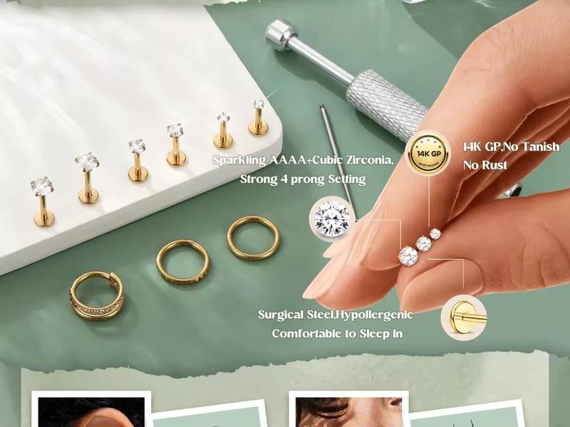 Viral 14K Gold Plated Flat Back Stud Hoop Earrings Nose Rings Studs for Women 316L Surgical Steel Stud Piercing Jewelry for Tragus Helix Cartilage Nose Hypoallergenic Lip Labret Medusa Piercing