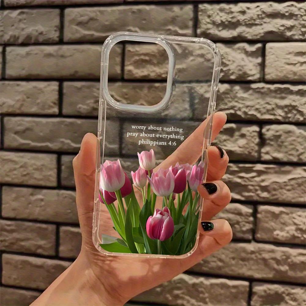 Pink tulip Philippians 4:6 Christian aesthetic pattern, anti-drop, non-slip TPU large hole lens transparent mobile phone protective case, suitable for iPhone 17 16 15 14 13 12 11 XS X and other series models, holiday gifts for friends or family