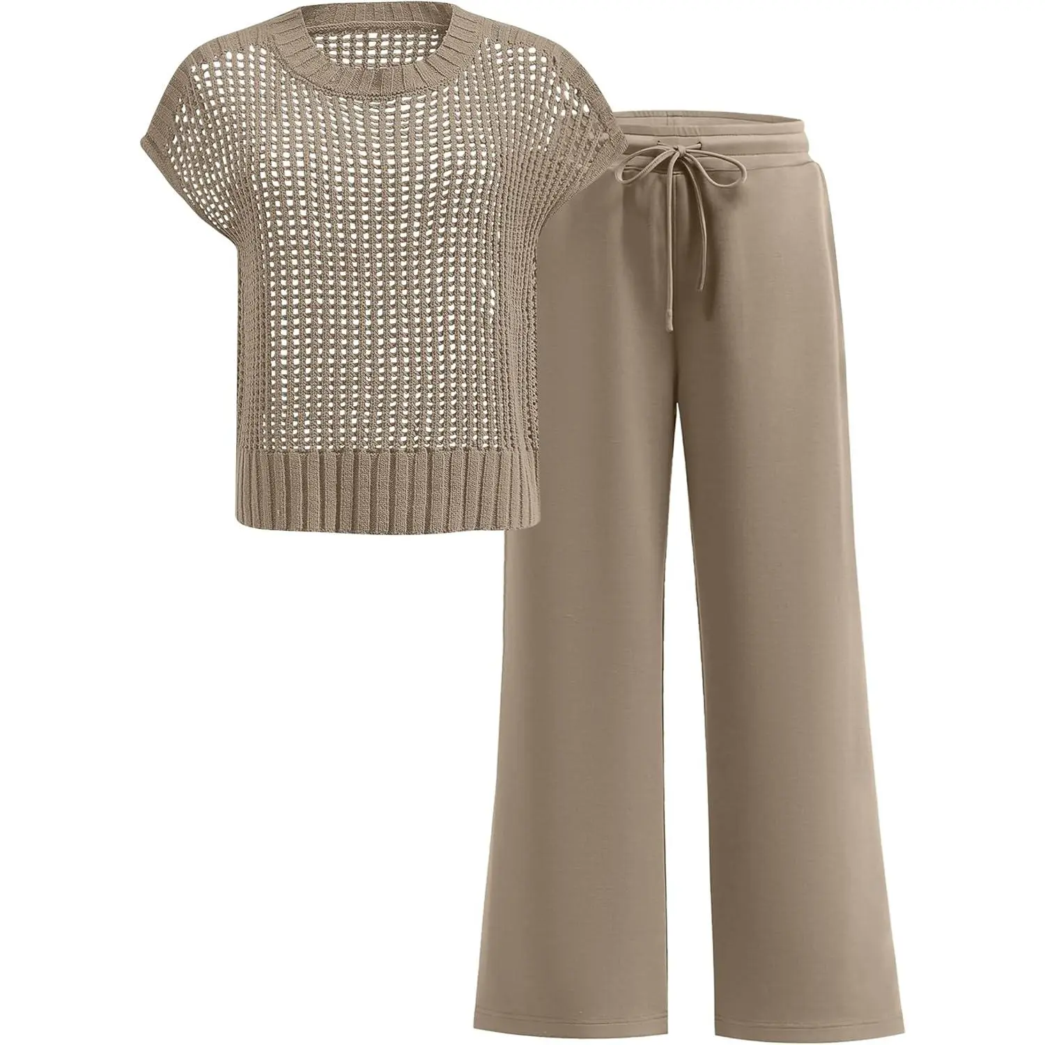 Crochet Sheer Knit Sweater Top Wide Leg Pants Lounge Matching Sets Travel Clothes