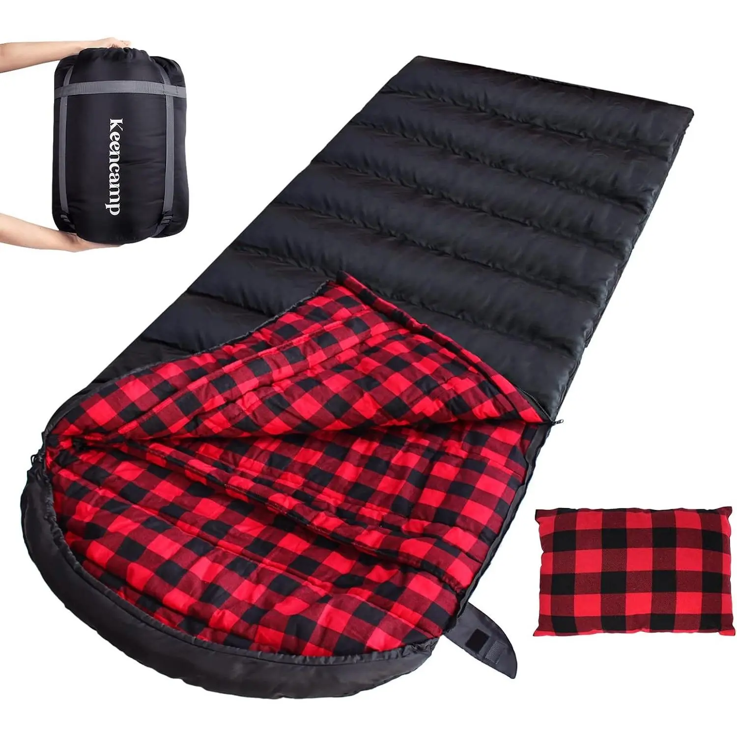 0 Degree Cotton Flannel Sleeping Bag, 4 Season Big & Tall XXL Adult Sleeping Bag for Winter Cold Weather, Comes with Pillow and Compression Sack