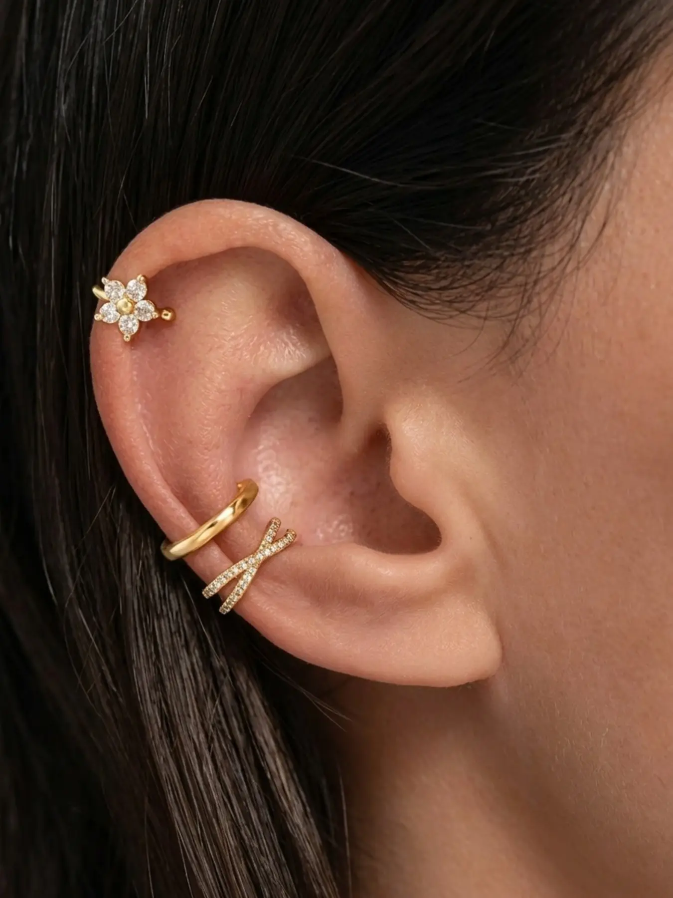 3 Pcs Non-Piercing Women's Ear Cuffs, Sparkling Cubic Zirconia X-Shaped Cross Ear Clips, Elegant Flower Ear Bone Cartilage Clamps, Minimalist Jewelry Set, Cz Dainty Earrings