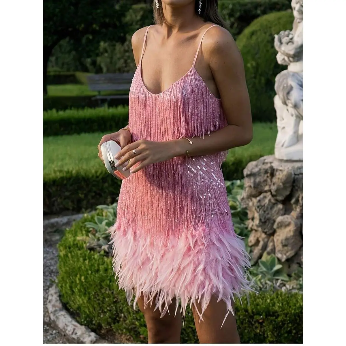 Women's Minimalist Short-Sleeve Summer Mini Dresses - Elegant Birthday Outfits with Sexy Spaghetti Straps, Tassels, Sequins, Feathers, Flattering Fit, Premium Fabric