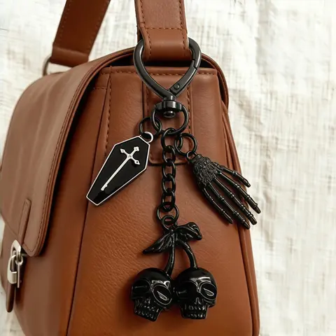 Black Gothic Alloy Keychain with Coffin, Skull Cherry and Skeleton Hand Pendants, Punk-Style Bag Charm with Lobster Clasp and Key Ring
