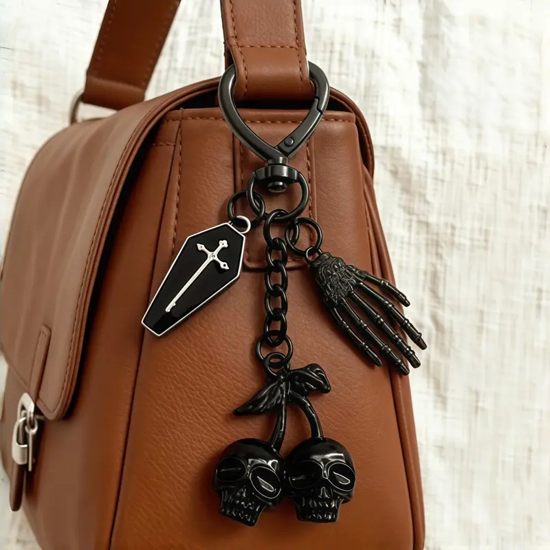 Black Gothic Alloy Keychain with Coffin, Skull Cherry and Skeleton Hand Pendants, Punk-Style Bag Charm with Lobster Clasp and Key Ring
