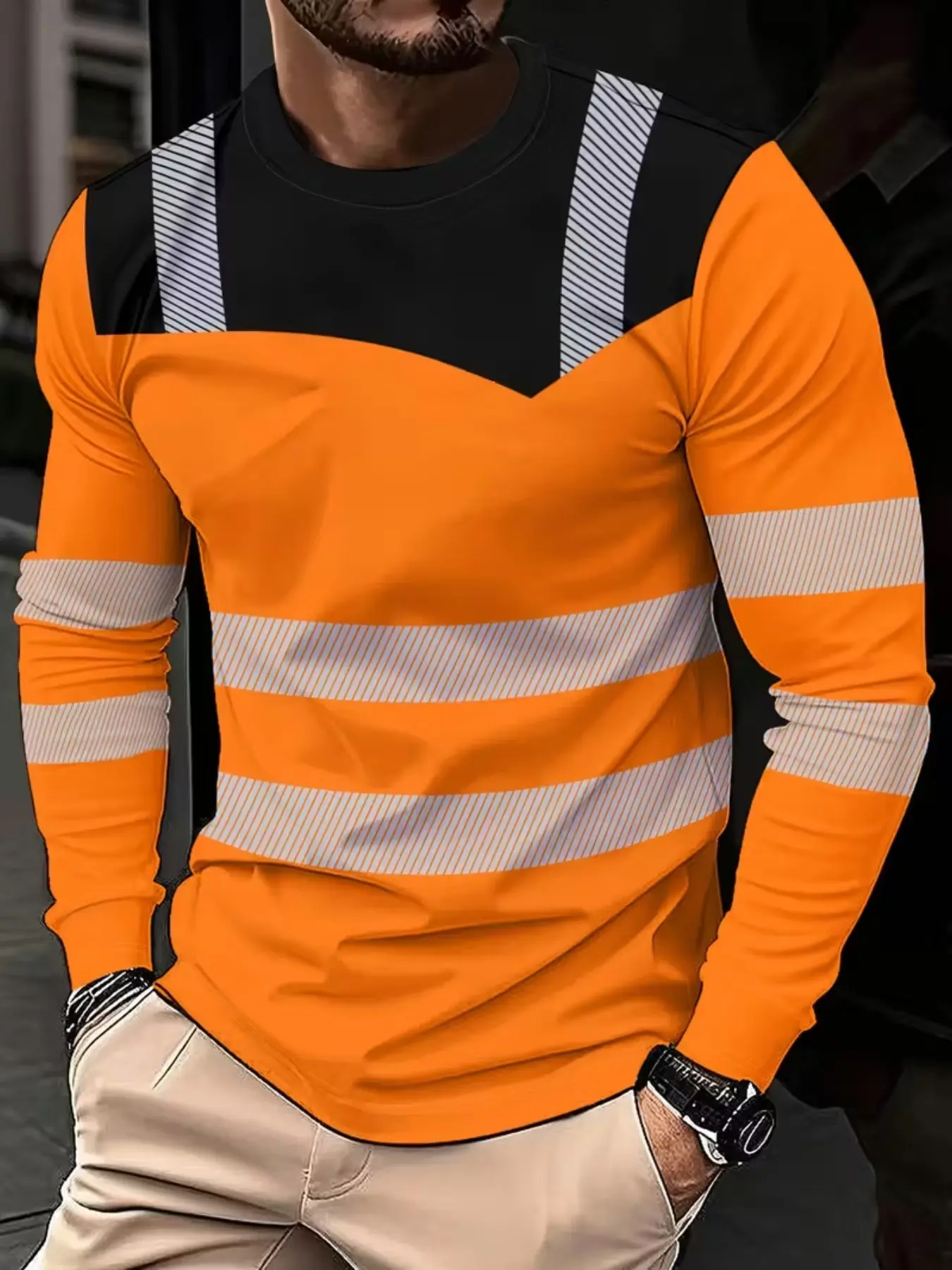 Men's Casual Classic Streetwear Long Sleeve Round Neck T-Shirt Tops, 3D All-Over Print, Neon, Breathable Fabric, Durable Material, Fitted Style