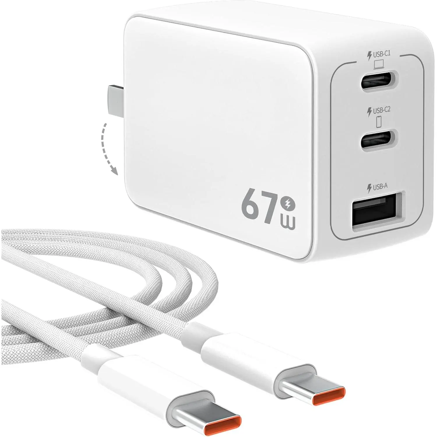 67W USB C Charger, GaN PPS 3-Port  Compact Foldable USB C Charger Block for MacBook, iPad Pro, Galaxy S24,  16/15 and