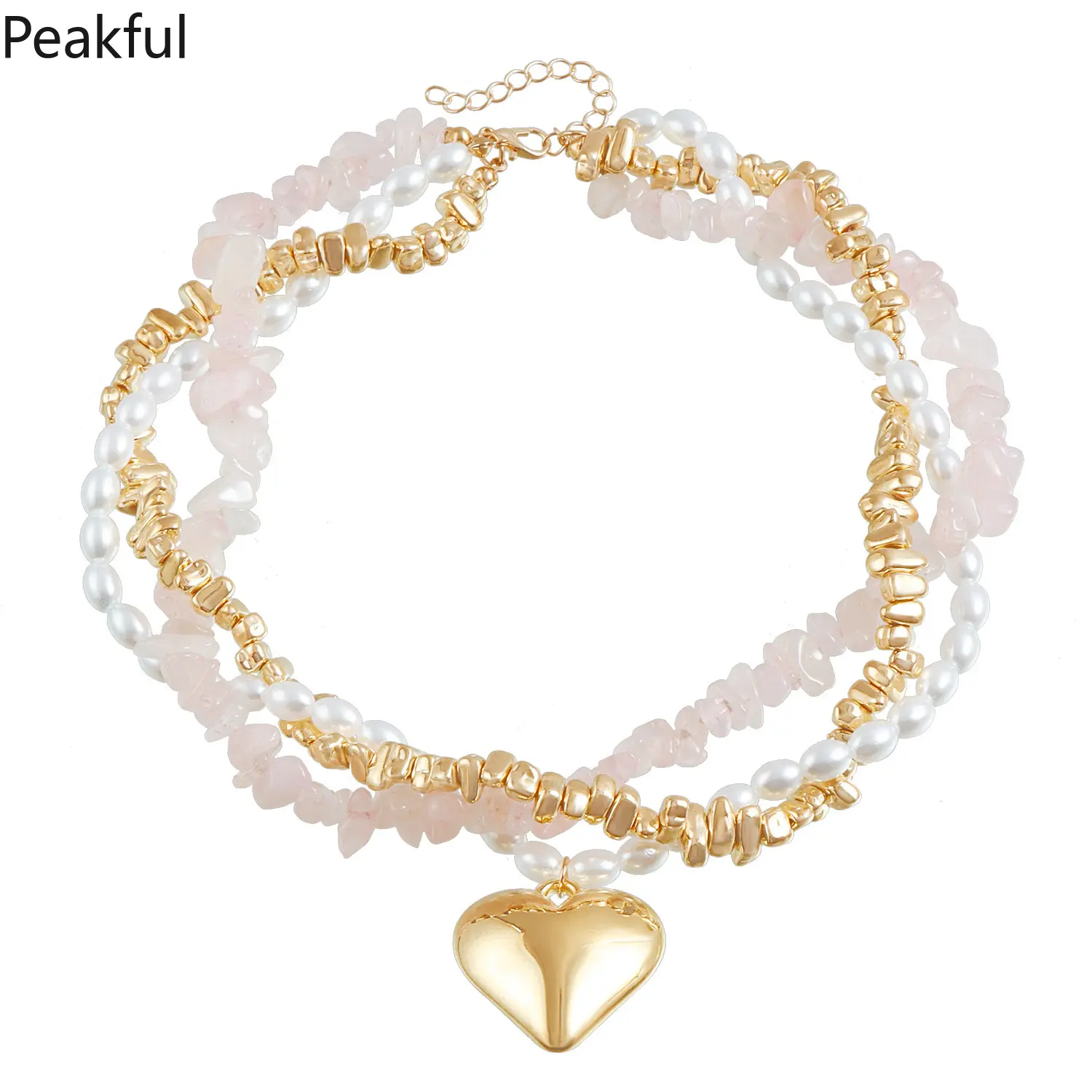 Statement jewelry | Hot selling rose quartz pearl necklace with puffy gold heart charm | Hard-to-find bohemian double-strand beaded necklace | Hypoallergenic material, elegant yet playful, great for gifting, Valentine’s Day and casual chic styling
