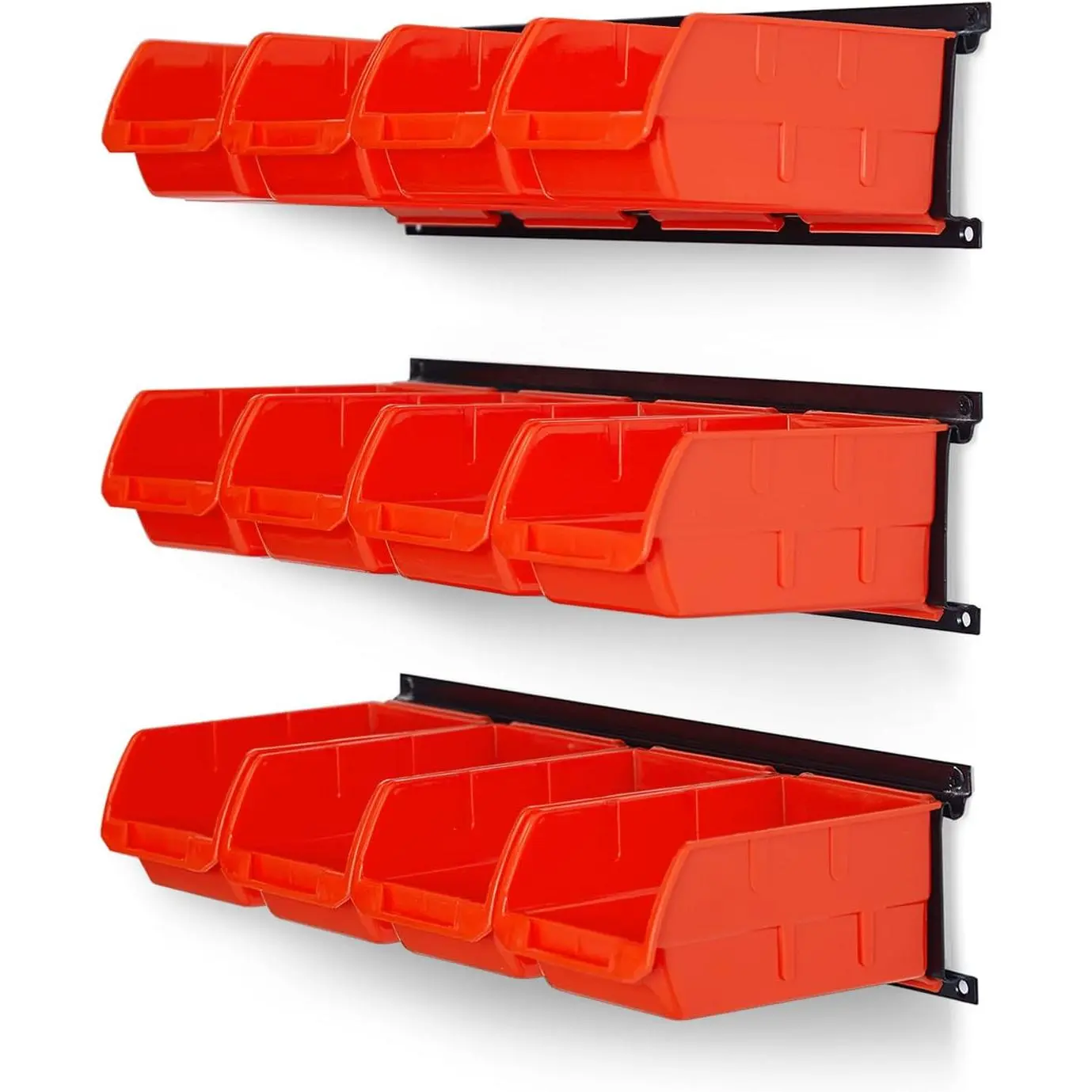 Wall Mounted Storage Bins, Plastic Hanging Storage Organizer Bins, Garage Tool Storage System for Screws, Nuts, Bolts, Nails, and Small Hardware Parts, 12x bins & 3 x rails, Orange