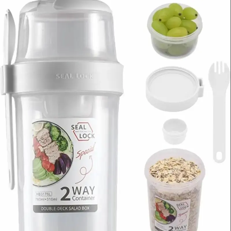 Breakfast On The Go Cups, Salad Cup To Go, Take And Go Yogurt Cereal Overnight Oats Snack Parfait Containers & Salad Dressing Holder With Fork For Lunch, Fruit & Vegetable Jar(Green,36.2oz)