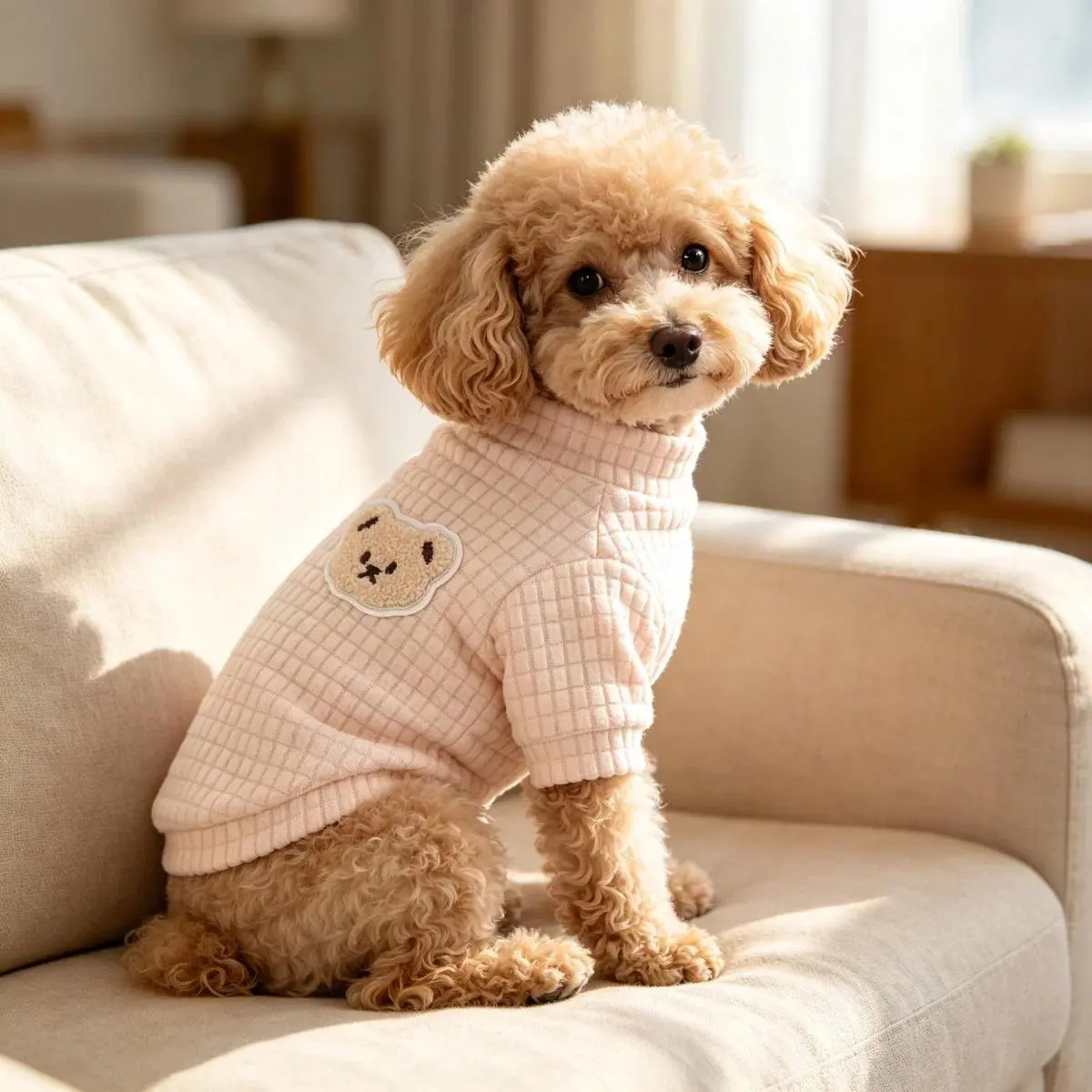 1PC Cute Bear Patch Waffle Fleece Pet Sweatshirt Puppy Sweater for Small Dogs and Cats, Light Beige