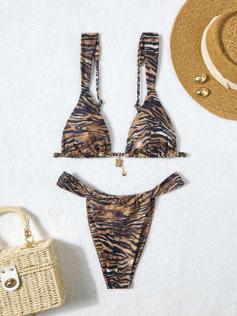 Women's Floral Bikini Set, Sexy Triangle Two-Piece Swimsuit, Sleeveless Party Style, All-Season Wear, Tie Back Design