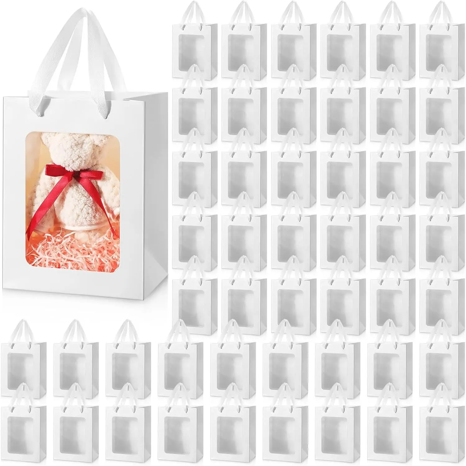 48 count Clear Window Paper Bags with Handle, Solid White White  | See-through Window Displays Gifts, 7.9x5.9x3.9 in, For Birthday Bridal Shower Graduation Party Favors, Sturdy  Paper
