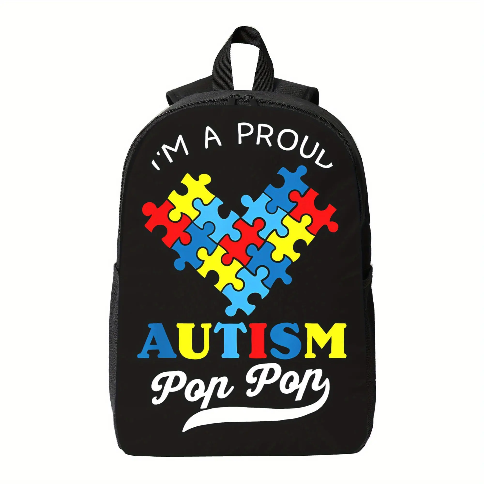 Autism Awareness Backpack - "I'm a proud autism dad" colorful puzzle print, durable zipper design, suitable for college students, daily travel, and teenagers