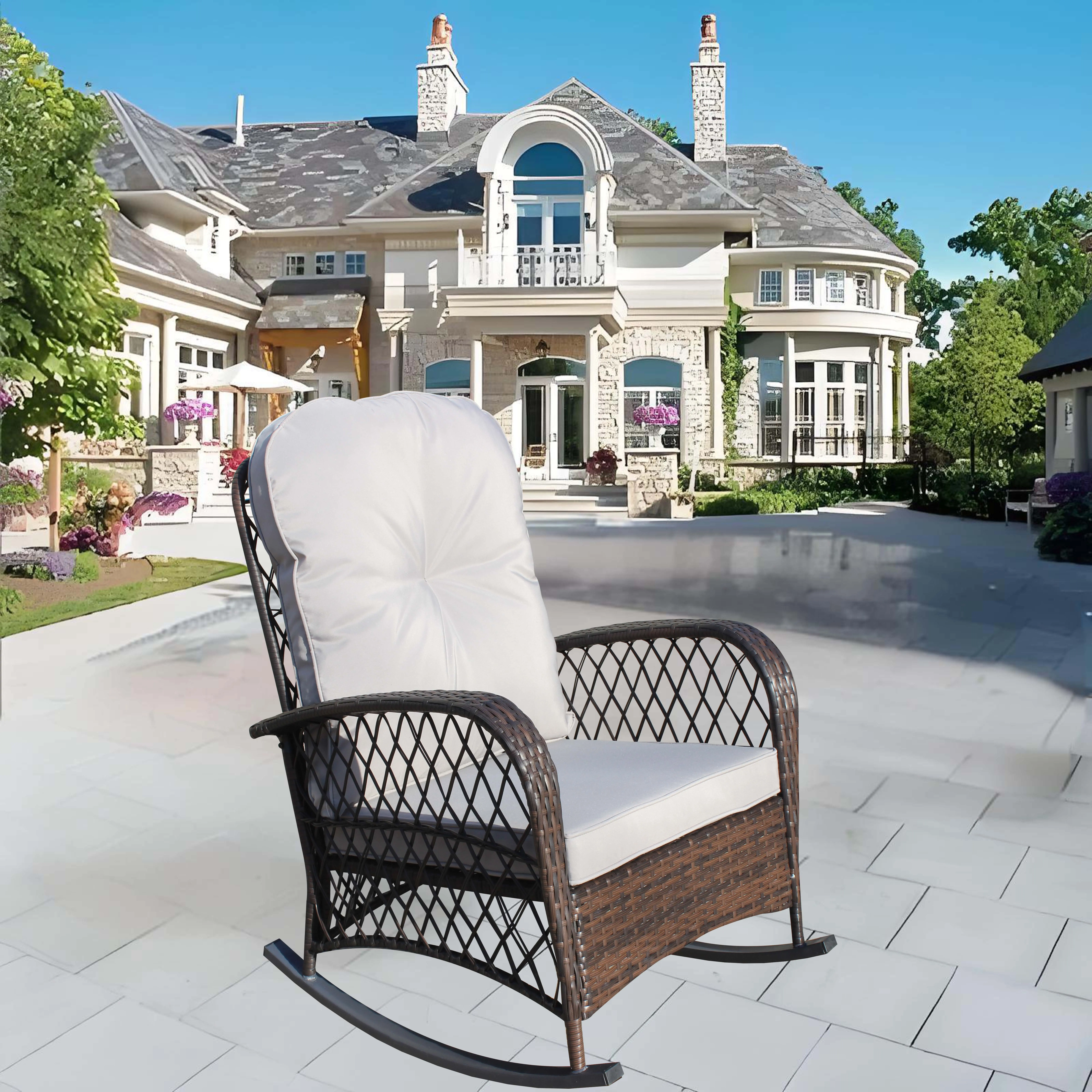 ARCH Outdoor Wicker Rocking Chair - Wide Seat, Thick Soft Cushion, PE Rattan, Steel Frame, High Weight Cap, for Patio Garden, Brown+Gray Cushion, PE Rattan+Iron Material
