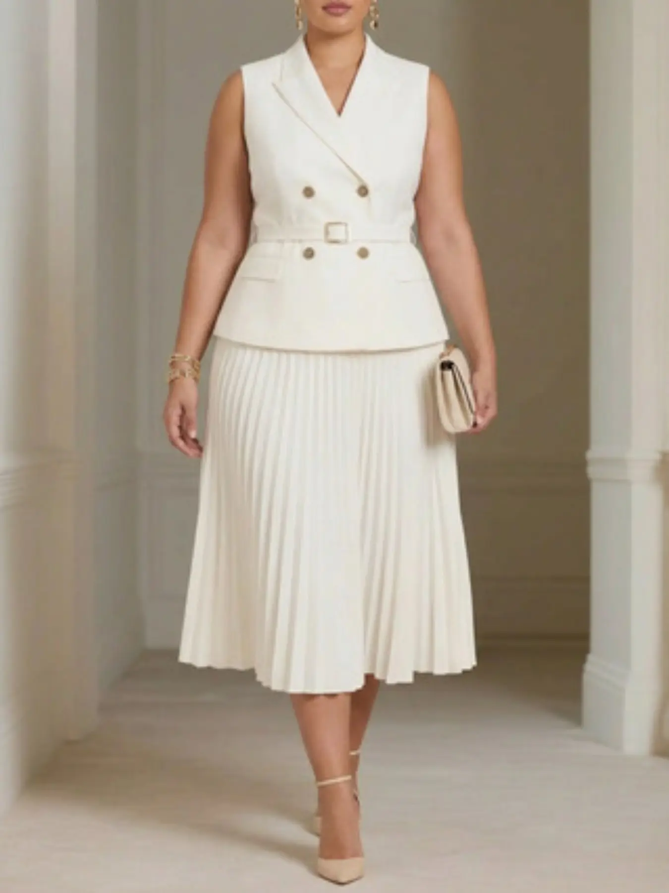 Elegant Blazer Vest & Pleated Midi Skirt Set, Sleeveless Suit Jacket Dress for Office, Business Dinner, Formal Events