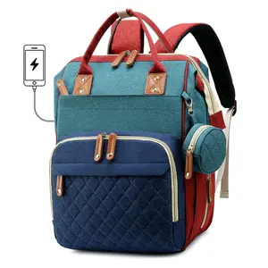 Diaper Bag Backpack, Vintage Color Block Waterproof Mommy Bag with USB Charging Port, Stroller Hooks & Mini Coin Pocket, Large-Capacity Baby Travel Backpack for Parents