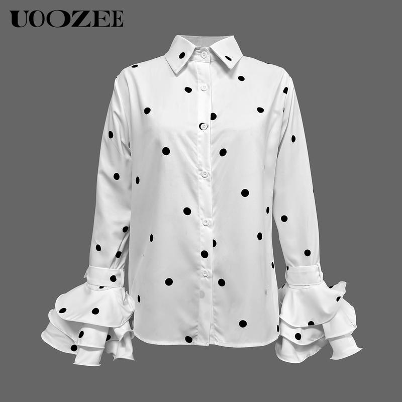 UOOZEE Women's Autumn Fashion Polka-Dot Lapel Blouses, Flared Sleeves Falbala Polka-Dot Lapel Collar Shirts Tops, Elegant White Chic Button Front Ruffle Collared