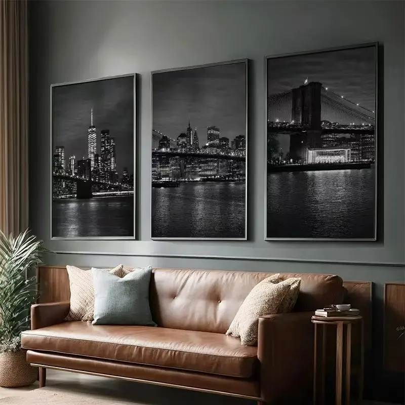 3pcs Black and White New York City Night Scene Poster Brooklyn Bridge Manhattan Skyline Wall Art Bedroom Living Room Corridor Home Decor Frameless Painting