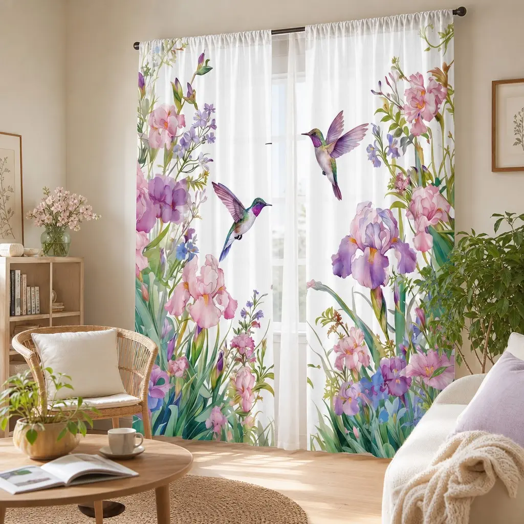2-Pack Semi-Transparent Curtains for Bedroom, Bird Flower Print, Polyester, Decor for Living Room Kitchen, Birthday Gift