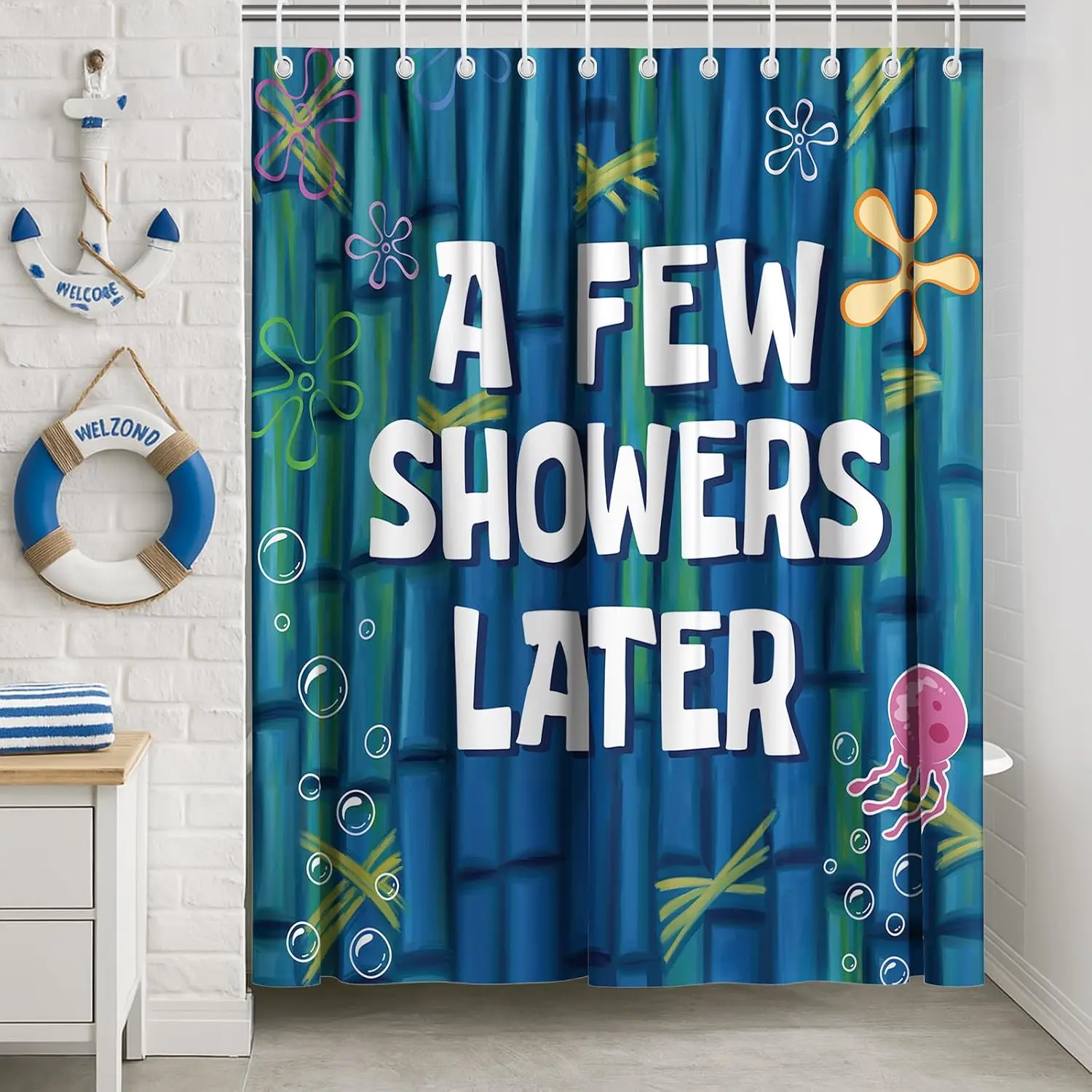 Funny Ocean Nautical Shower Curtain with Hooks, Cute Cartoon Blue Sea Bathroom Decor, Waterproof Polyester Fabric for Women, Girls, and Humor Lovers, Funny Shower Curtains for Bathroom