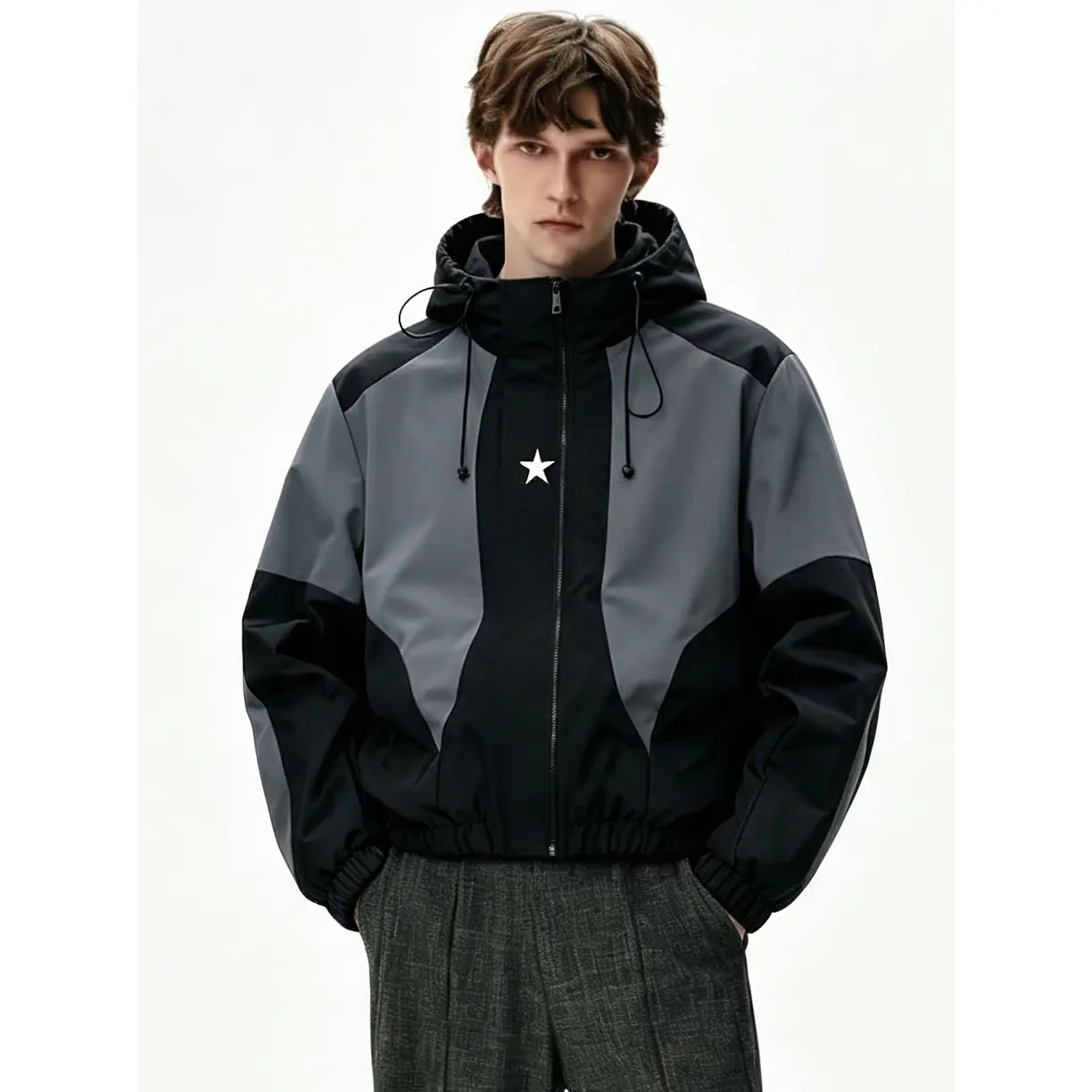Men's Stylish Oversized Waterproof Windbreaker Jacket - Hooded Techwear Streetwear Shell Coat, Longsleeves, Diagonal Zipper Pocket, Zip-Up Relaxed Fit, Polyester, All-Season Outdoor Casual Tops, Machine Washable