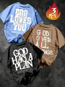 3-Pack Vintage Washed Faith Slogan Short Sleeves, American God Letter Print Retro T-Shirts, Loose Fit Shoulder Drop Casual Tops
