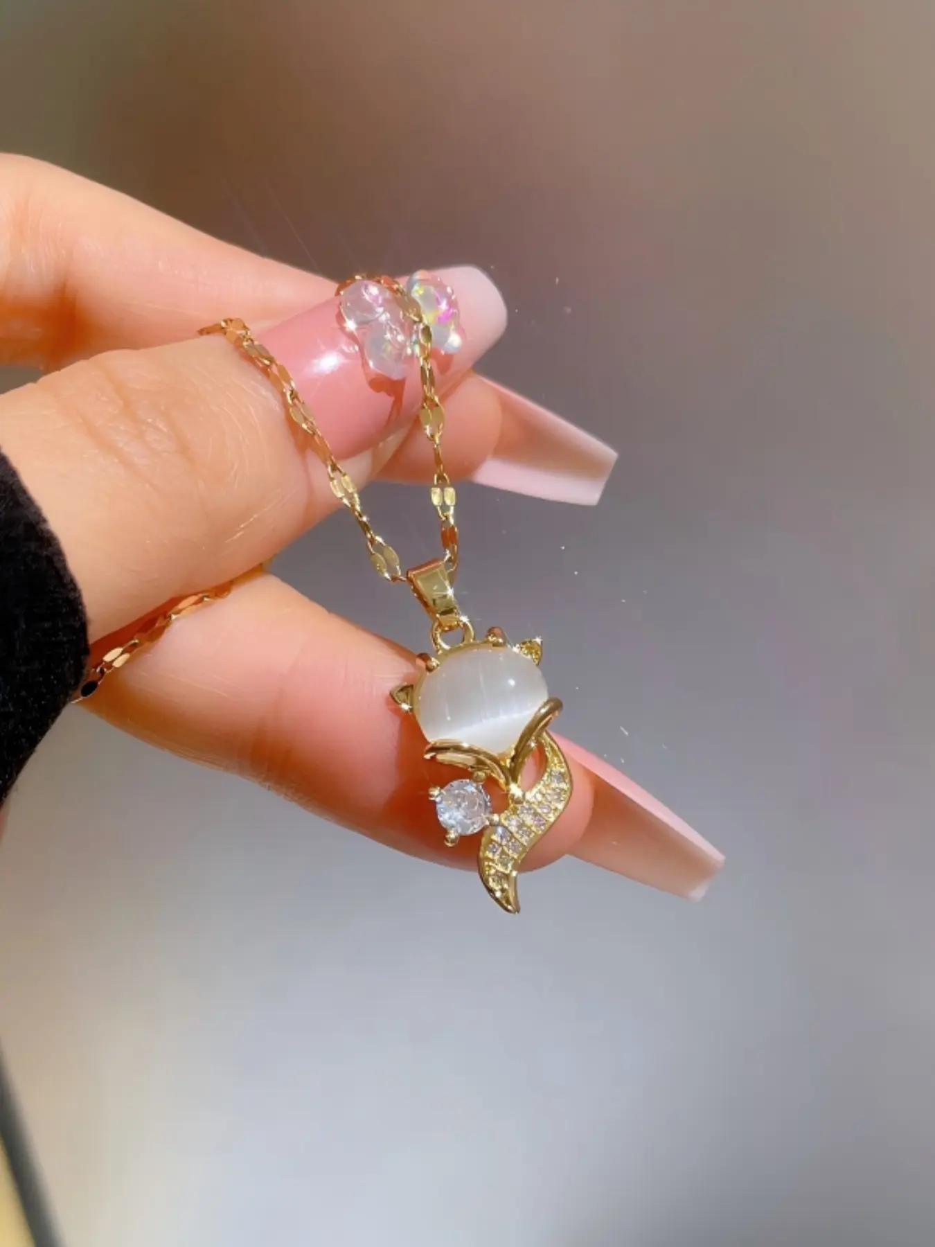 Fox Eye Stone Pendant Necklace for Women, Stainless Steel Lockbone Chain, Cute Animal Pattern, All Seasons Fashion Accessory