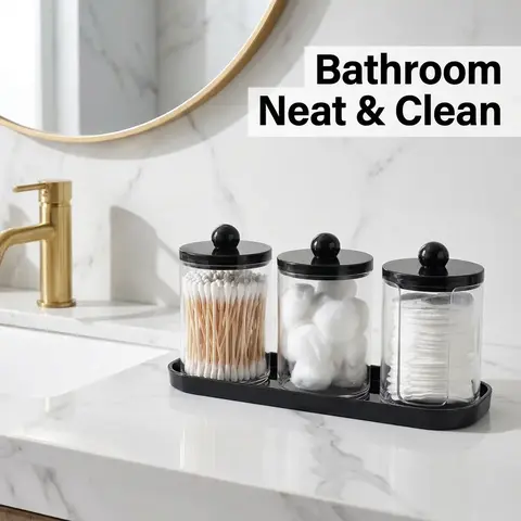 3 Piece Bathroom Cotton Swab Holder Set, Round Cotton Swab Stand with Tray, Medicine Can Storage Box, Tooth Flosser, Cotton Balls, Pads, Bathroom Accessories Organizer, Bathroom Accessory Set, Modern Bathroom Accessories, Bathroom Gadgets