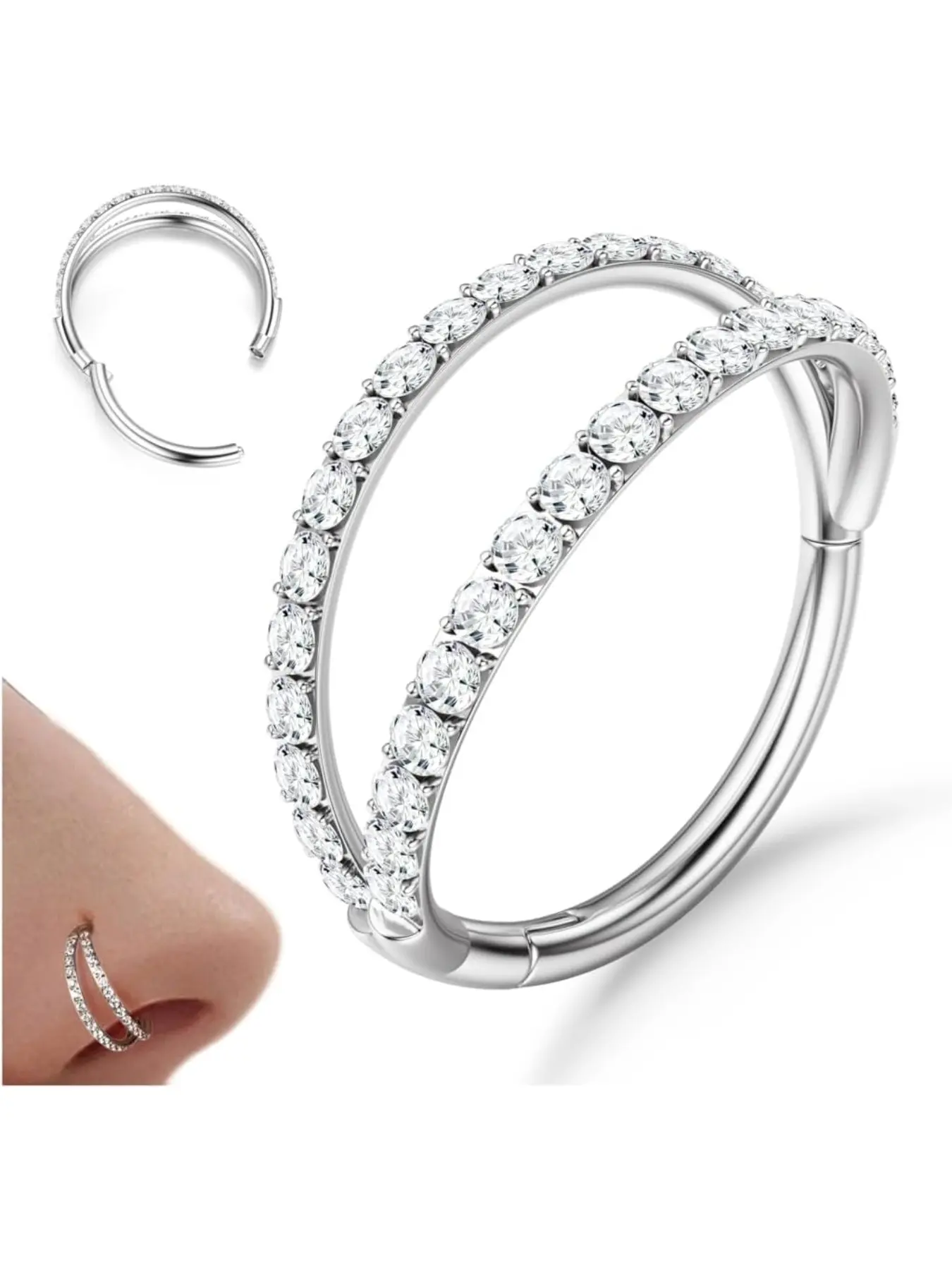 Cz Dual Ear Nose Ring, 316L Stainless Steel, Septum, Cartilage, Tragus Piercing, 18g/20g, Casual Style, All Seasons
