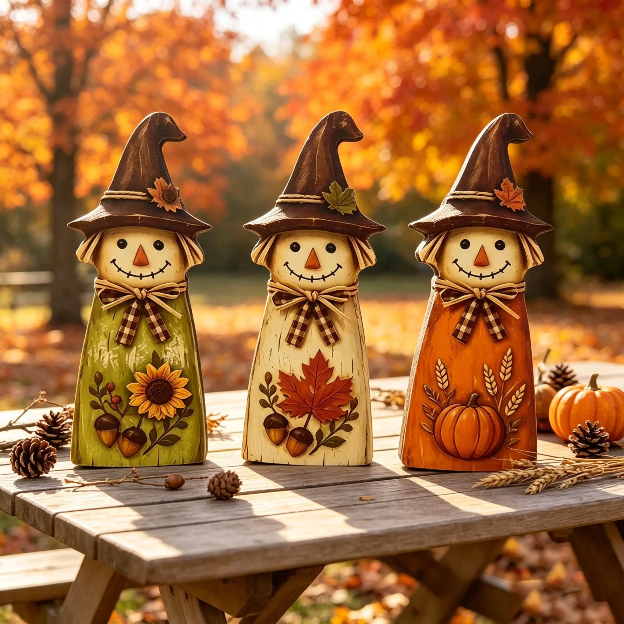3-Piece Vintage Fall Wooden Desktop Decor, Pumpkin Maple Leaf Sunflower, Thanksgiving Farmhouse Style, Table Centerpiece, Fireplace Decoration