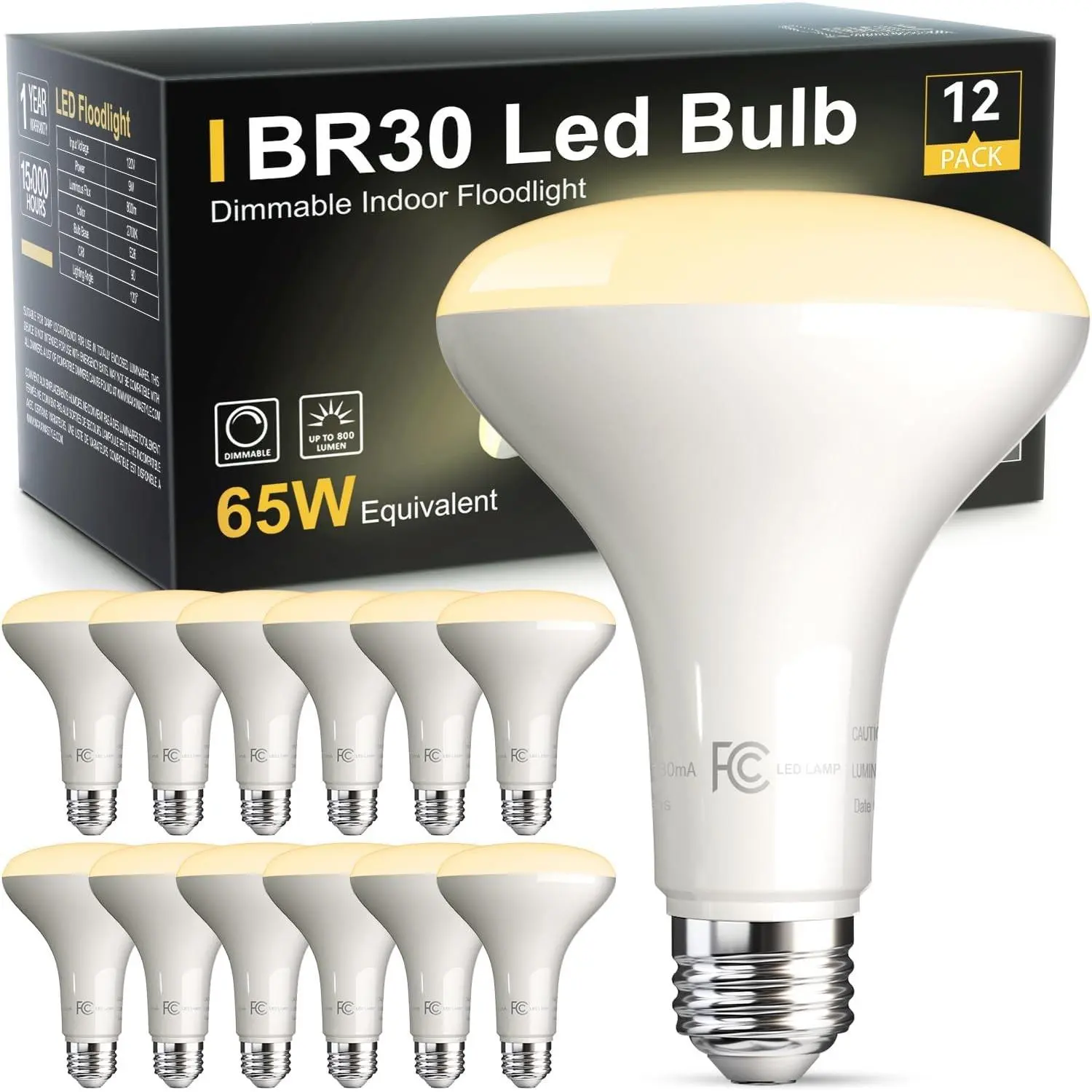12 Pack BR30 Flood Light Bulb Indoor, 65W Equivalent Dimmable Led Recessed Lights Bulb, 2700K Soft Warm White, E26 Base Bulbs for Kitchen Ceiling, Recessed Can, Replacement Incandescent, 9W,800LM