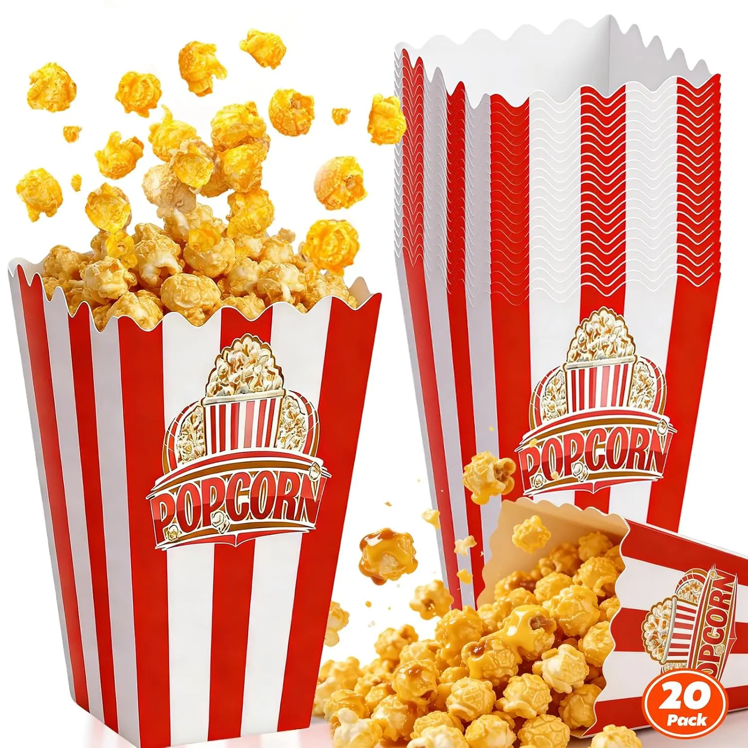 20-Count Disposable Popcorn Boxes - Sturdy Snack Containers for Popcorn Machine, Convenient Party Supplies for Families, Movie Nights, Carnivals