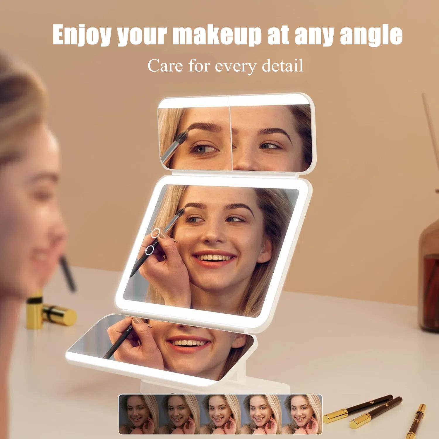 Portable LED Light Makeup Mirror, Lighted Makeup Mirror, Mirror with Lights, 3-fold Foldable Rechargeable Mirror with 2x 3x & 10x Magnification, Touch Control Mirror for Travel & Bedroom Use, Rechargeable Trifold Mirror #TOP PICKS