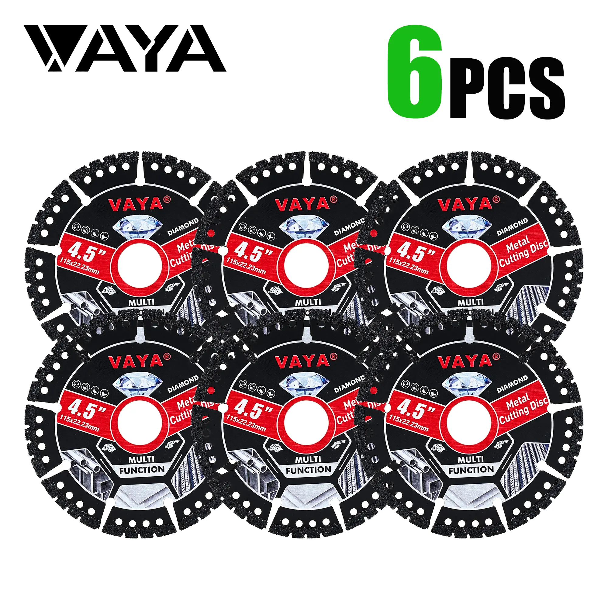 VAYA 4.5" Diamond Blades (6PCS), Multi-Material Cutting Blades for Angle Grinders Attachments, Dry-Cut Tool Accessories for Tile/Stone, Metal, Cast Iron