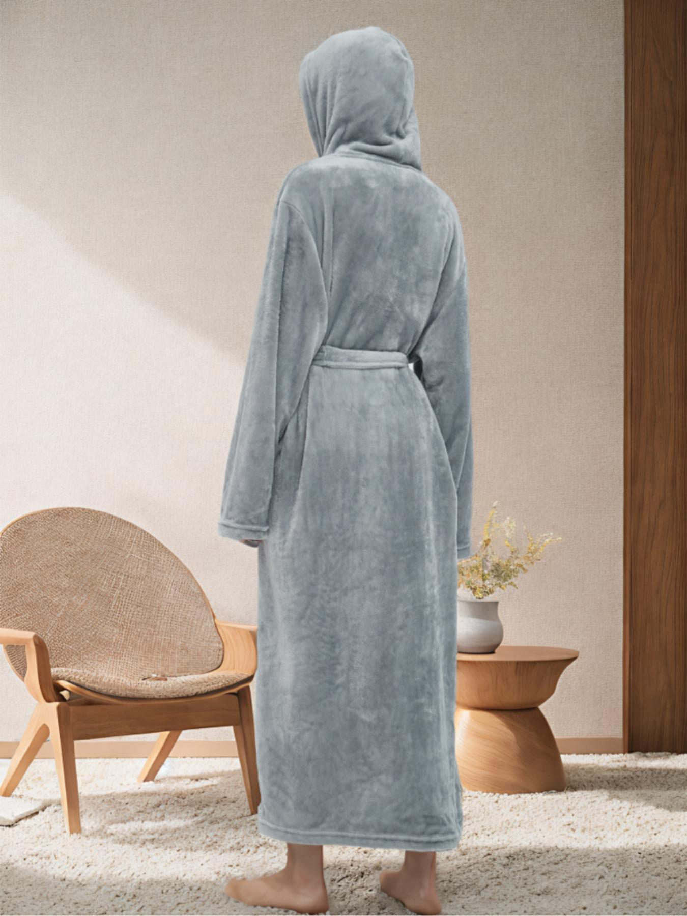 Womenswear Solid Belted Drop Shoulder Hooded Flannel Robe, Fall Wear, Fallfreshness Minimalist Casual Long Sleeve Pocket Wrap Robe for Women, Hooded Robe, Casual Robe, Women's Sleepwear for Winter
