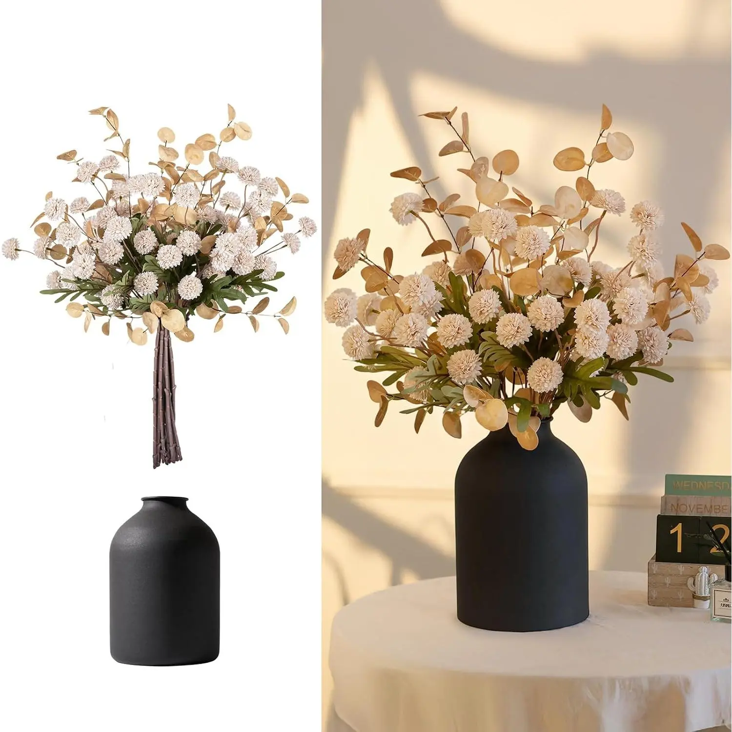Fake Flowers Centerpieces for Tables, Beige Mums for Dining Room |   With Metal Vase 12 Stems of Artificial Pom Pom Eucalyptuses, Faux Floral Arrangements in Vase for Entry Way Table, Home Decor