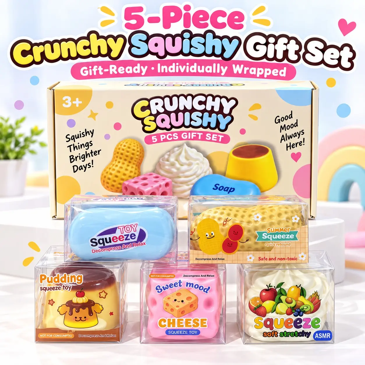 5-Piece Stress Relief Toy Set, Crunchy Squishies, Crunchy Texture, Squishable Sensory Toys, Unique Relaxation Balls, Party Favors, Sensory Room Use, Holiday Gift