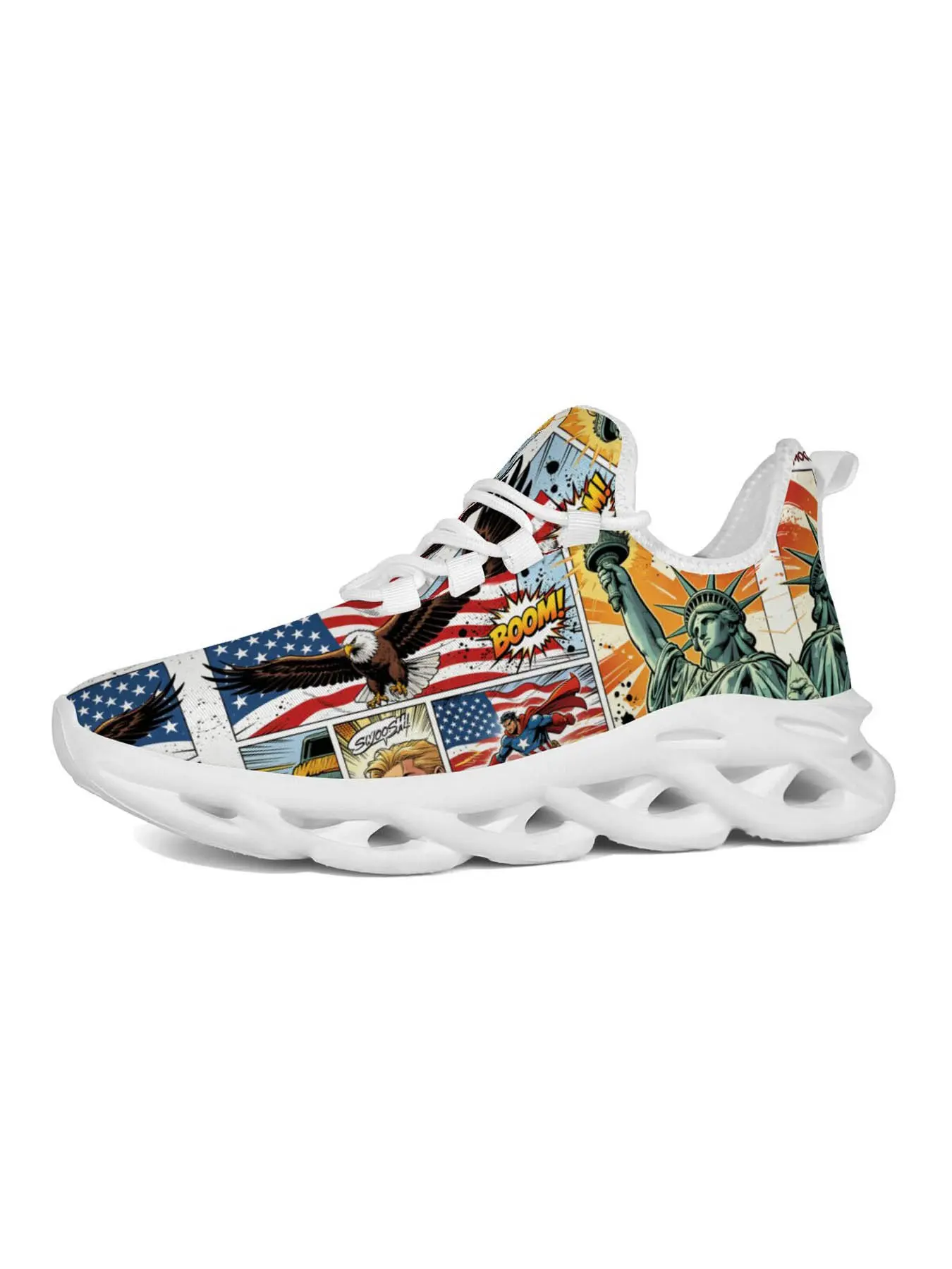 American Comic Style Men's Casual Running Shoes, Retro Cartoon Pop Print, Hollow Out Sole, Lightweight Bounce, Street Fashion