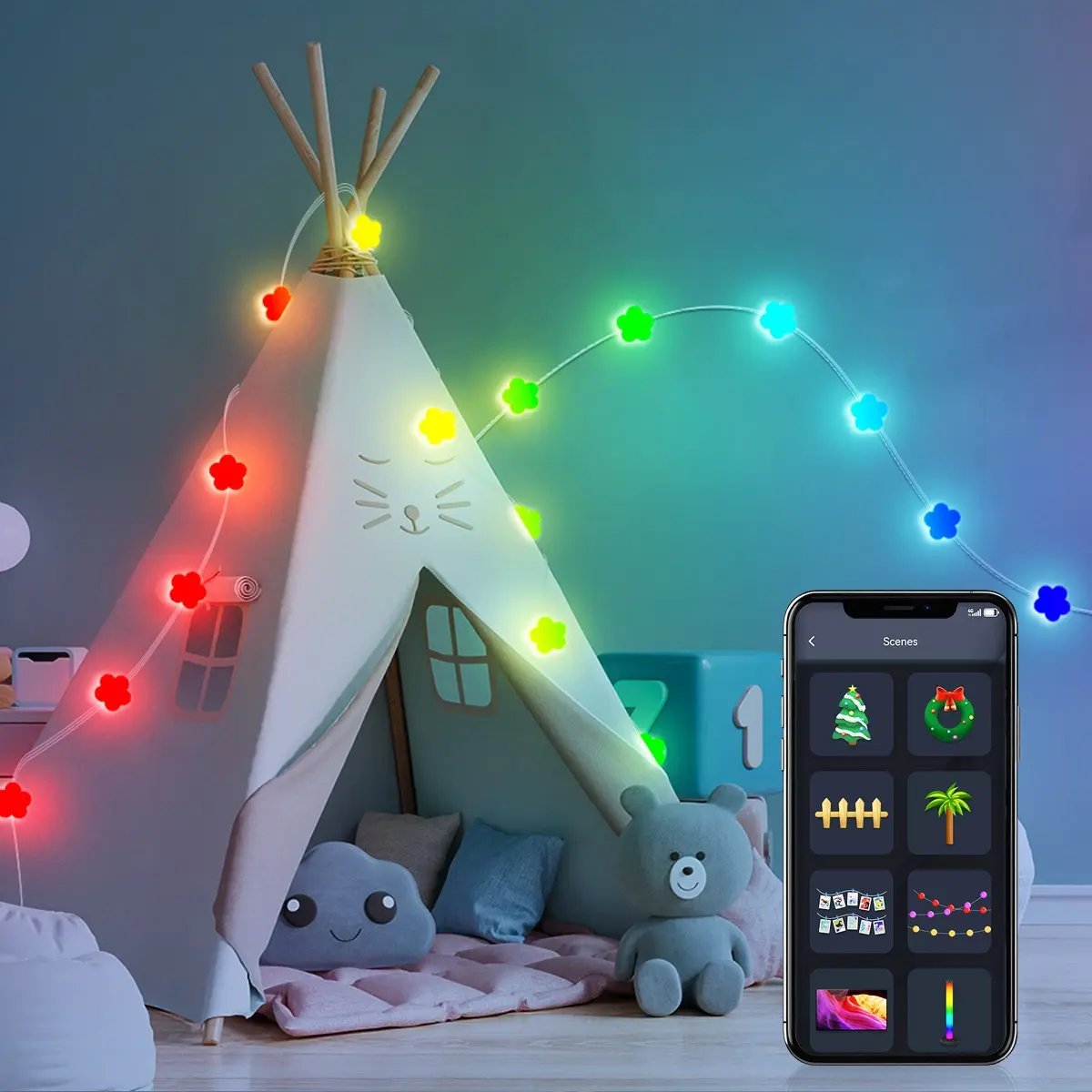 Smart Flower Fairy String Lights, 32.8 ft 50 LED USB Powered App Controlled Decorative Lights Ambiance for Bedroom Room Decor, Wedding Party Decor, Wall Decor, Dorm Apartment Home Decor, Aesthetic Floral Indoor LED Lights